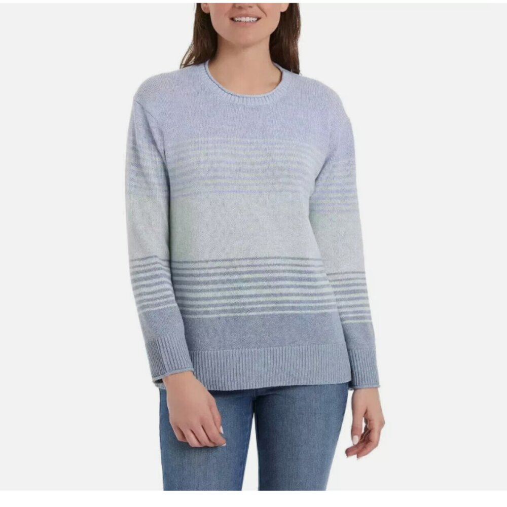 Ella Moss Women's Crew Neck Knit Pullover Sweater  Blue Stripe Small